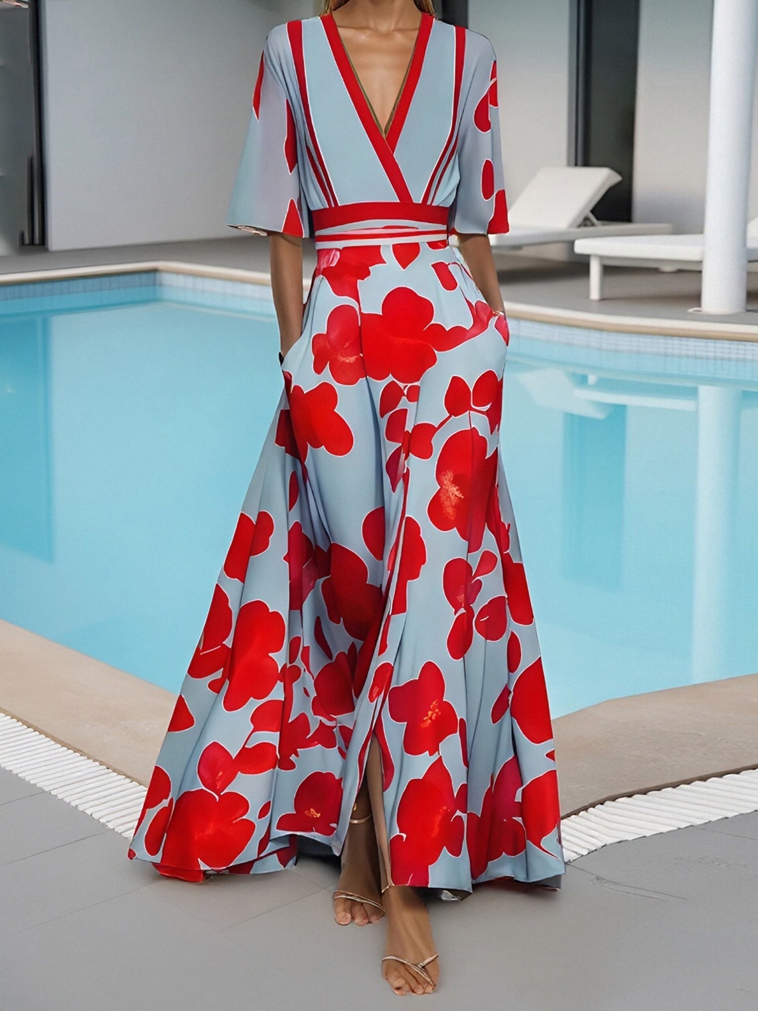 Women's Floral Print V-Neck Short Sleeve A-Line Dress - Red & Light Blue Summer Casual to Party Dress with Split Hem, Machine Washable Loose Fit Streetwear, Short Party Dress, Cocktail Attire, Comfortable Wear